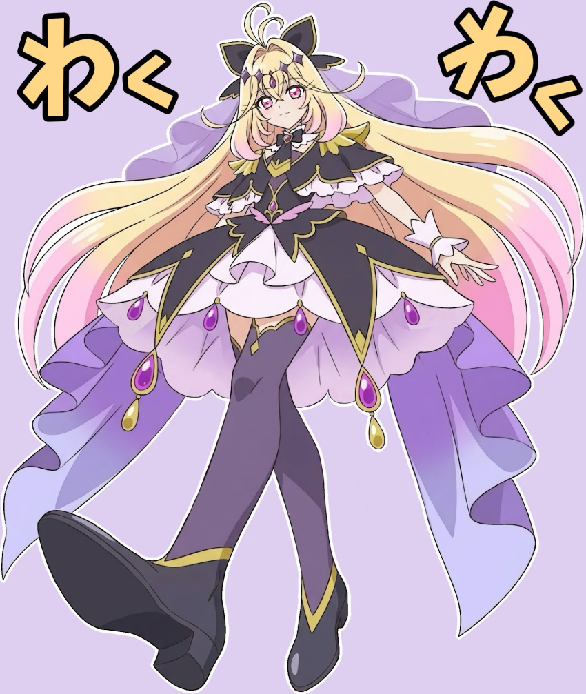 1girl, antenna_hair, black_capelet, black_shoes, blonde_hair, brooch, capelet, closed_mouth