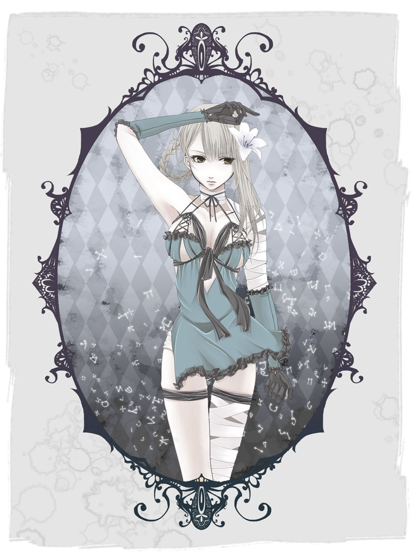 bandage, braid, breasts, cleavage, elbow_gloves, flower, gloves, grey_eyes