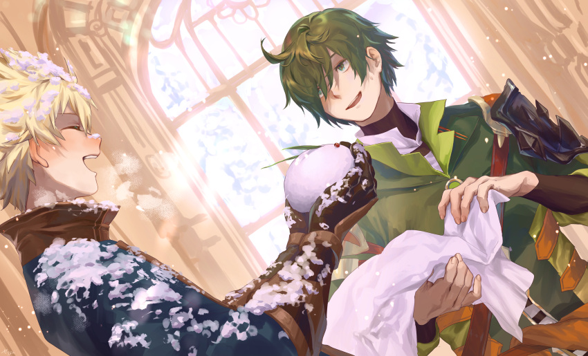 2boys, absurdres, armor, blue_eyes, blue_jacket, brown_gloves, closed_eyes, facing_another