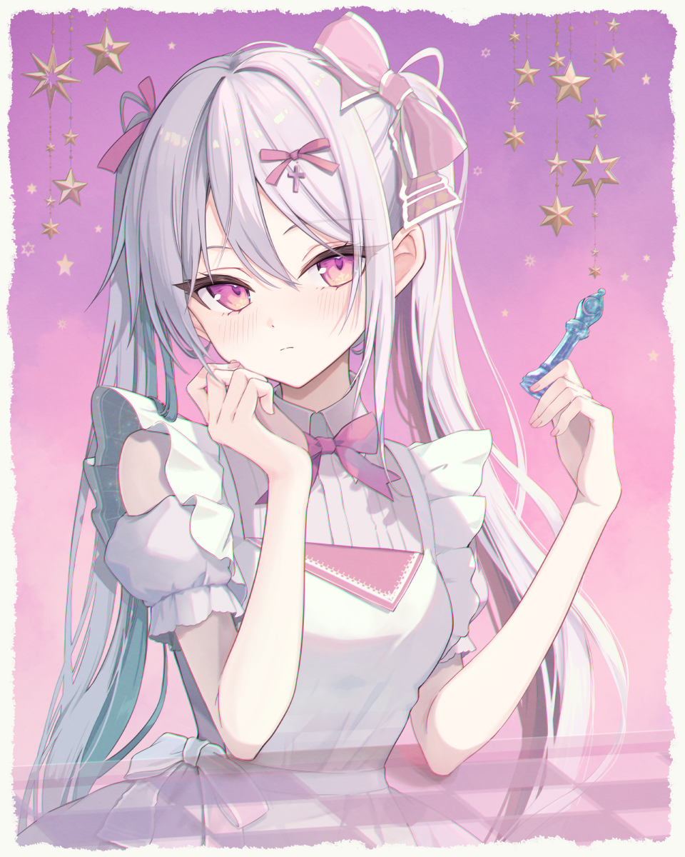 1girl, bishop_(chess), board_game, border, bow, breasts, chess, chess_piece