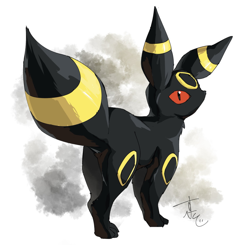animal_focus, black_fur, colored_sclera, full_body, highres, looking_at_viewer, no_humans, pokemon, pokemon_(creature), pokemon_focus, red_eyes, red_sclera, simple_background, solo, supiraji_penpen, tail, umbreon