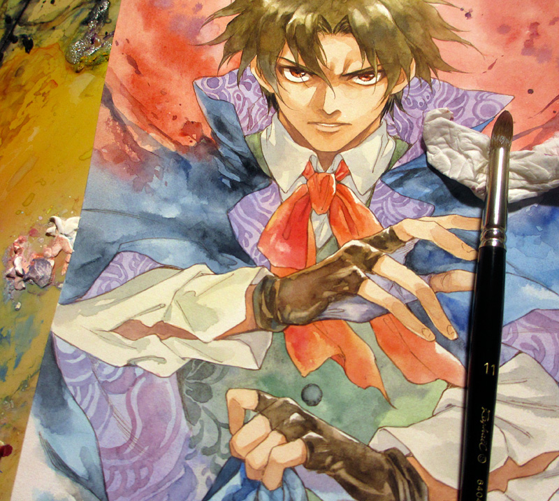 1boy, agahari, art_brush, art_tools_in_frame, black_gloves, black_hair, blue_coat, bow, bowtie, coat, collared_shirt, commentary_request, curtained_hair, fingerless_gloves, frown, gloves, green_vest, holding, kusakabe_kenichirou, laplace_no_ma, looking_at_viewer, male_focus, open_clothes, open_coat, paintbrush, painting_(medium), parted_lips, photo_(medium), red_bow, red_bowtie, red_eyes, shirt, solo, traditional_media, upper_body, vest, white_shirt