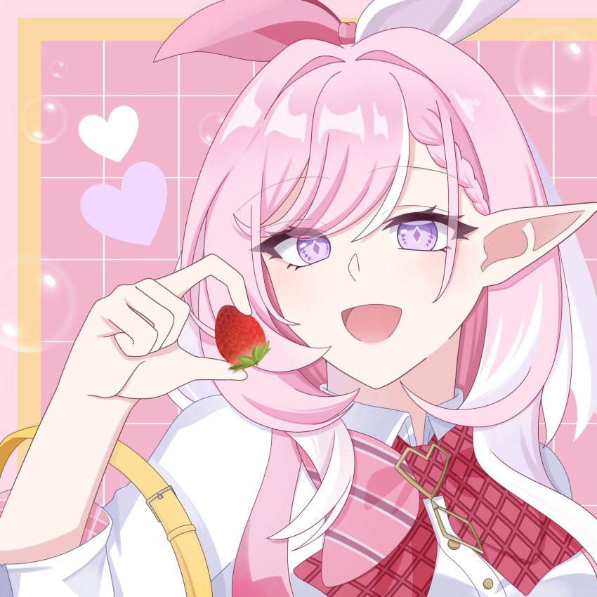 1girl, ajisai_47, breasts, commentary_request, elf, elysia_(don_quijote)_(honkai_impact), elysia_(hi_love_elf)_(honkai_impact), elysia_(honkai_impact), food, fruit, highres, holding, holding_food, holding_fruit, honkai_(series), honkai_impact_3rd, large_breasts, long_hair, looking_at_viewer, multicolored_hair, official_alternate_costume, open_mouth, pink_background, pink_hair, pointy_ears, ribbon, shirt, smile, solo, strawberry, two-tone_hair, two-tone_ribbon, upper_body, white_hair, white_shirt