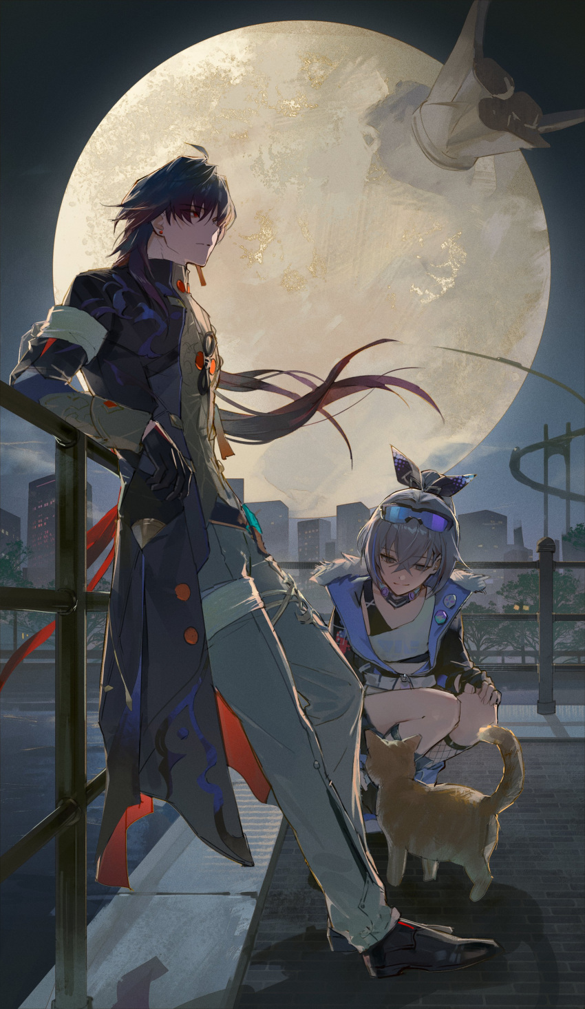 1boy, 1girl, absurdres, against_railing, ahoge, animal, ateli_er, bandages