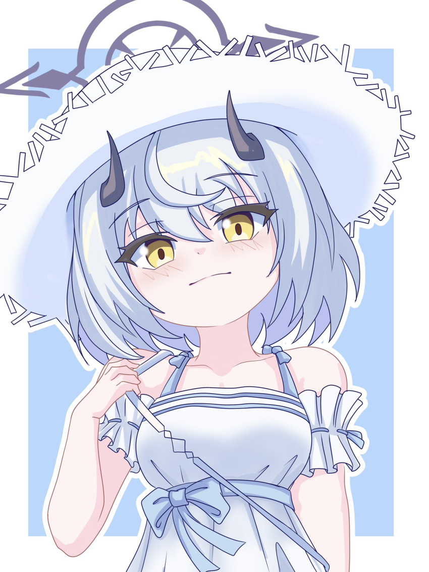 1girl, blue_archive, blue_background, border, breasts, closed_mouth, commentary_request, demon_girl, demon_horns, dress, grey_hair, grey_halo, halo, hand_up, hat, highres, holding_strap, horns, large_breasts, looking_at_viewer, medium_hair, outline, outside_border, sangaku_(braxblakinoko), sena_(blue_archive), sena_(casual)_(blue_archive), simple_background, sleeveless, sleeveless_dress, smile, solo, sun_hat, sundress, white_border, white_dress, white_hat, white_outline, yellow_eyes