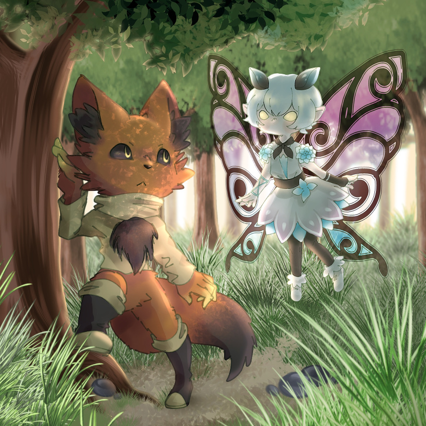 2girls, artistic_error, black_pantyhose, black_sclera, chest_fur, closed_mouth, colored_sclera, fairy