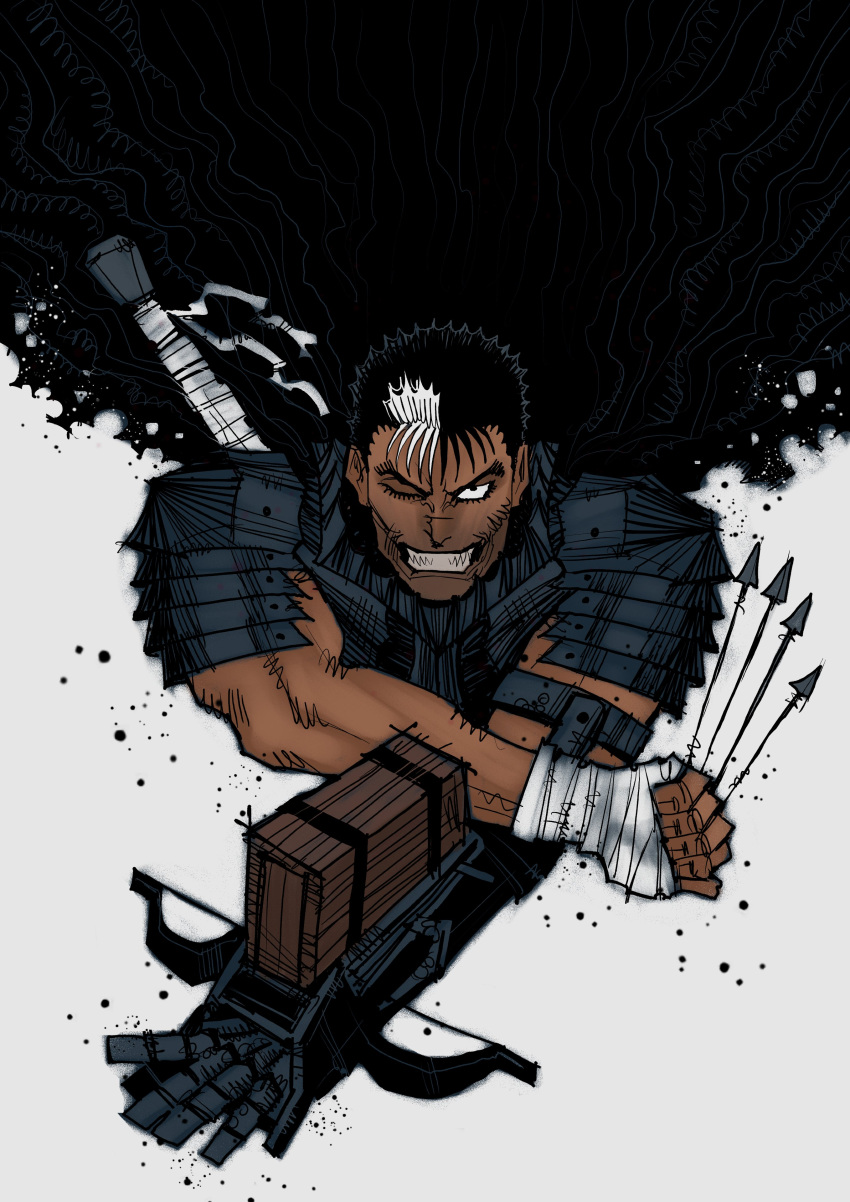 1boy, absurdres, armor, arrow_(projectile), azoinab, berserk, berserker_armor, between_fingers
