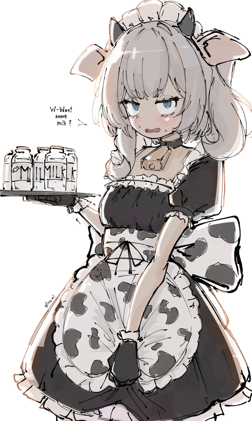 1girl, absurdres, alternate_costume, animal_ears, animal_print, apron, back_bow, bell, belt_collar, black_gloves, blue_eyes, blush, bow, breasts, collar, constricted_pupils, cow_ears, cow_horns, cow_print, cow_print_apron, cowbell, cowboy_shot, dress, english_text, fake_animal_ears, fake_horns, frilled_dress, frills, froq_art, gloves, grey_hair, highres, holding, holding_tray, horns, jitome, looking_at_viewer, maid, maid_headdress, marimari_(vtuber), medium_hair, milk, neck_bell, open_mouth, phase_connect, print_apron, puffy_sleeves, sanpaku, short_sleeves, simple_background, skirt, skirt_tug, small_breasts, solo, square_neckline, sweatdrop, tray, twitter_username, virtual_youtuber, waist_apron, white_background