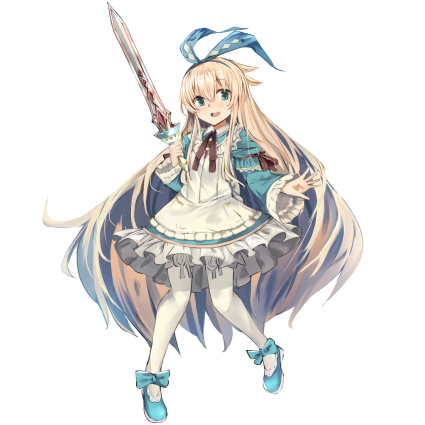 1girl, alice_(grimms_notes), alice_(repage)_(grimms_notes), apron, aqua_bow, aqua_dress, aqua_eyes, aqua_shoes