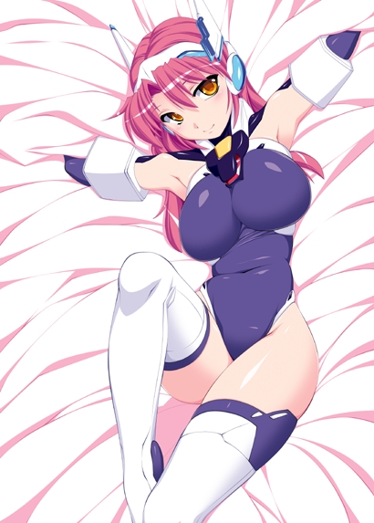 arms_up, bed_sheet, blush, boots, breasts, crueltear, large_breasts, leotard, long_hair, nonsugar, pink_hair, skin_tight, smile, solo, thigh-highs, thigh_boots, thighhighs, trigger_heart_exelica, white_legwear, yellow_eyes