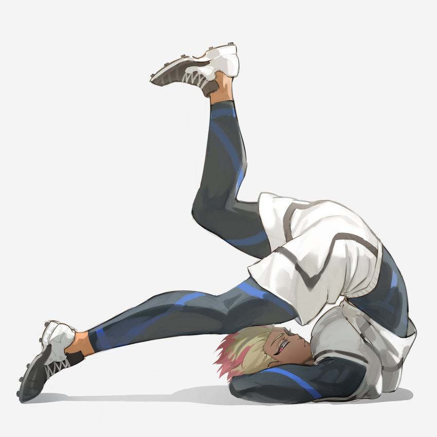 1boy, absurdres, black_eyeliner, blonde_hair, blue_lock, blue_lock_bodysuit, cleats, closed_mouth, colored_eyelashes, commentary_request, dark-skinned_male, dark_skin, eyeliner, feixingxiaoye, highres, legs_up, long_sleeves, looking_at_viewer, lying, makeup, male_focus, multicolored_hair, on_back, pants, pink_eyes, pink_hair, pink_streaks, shidou_ryuusei, shirt, short_hair, simple_background, soccer_uniform, solo, sportswear, streaked_hair, tank_top_over_bodysuit, white_background, yoga