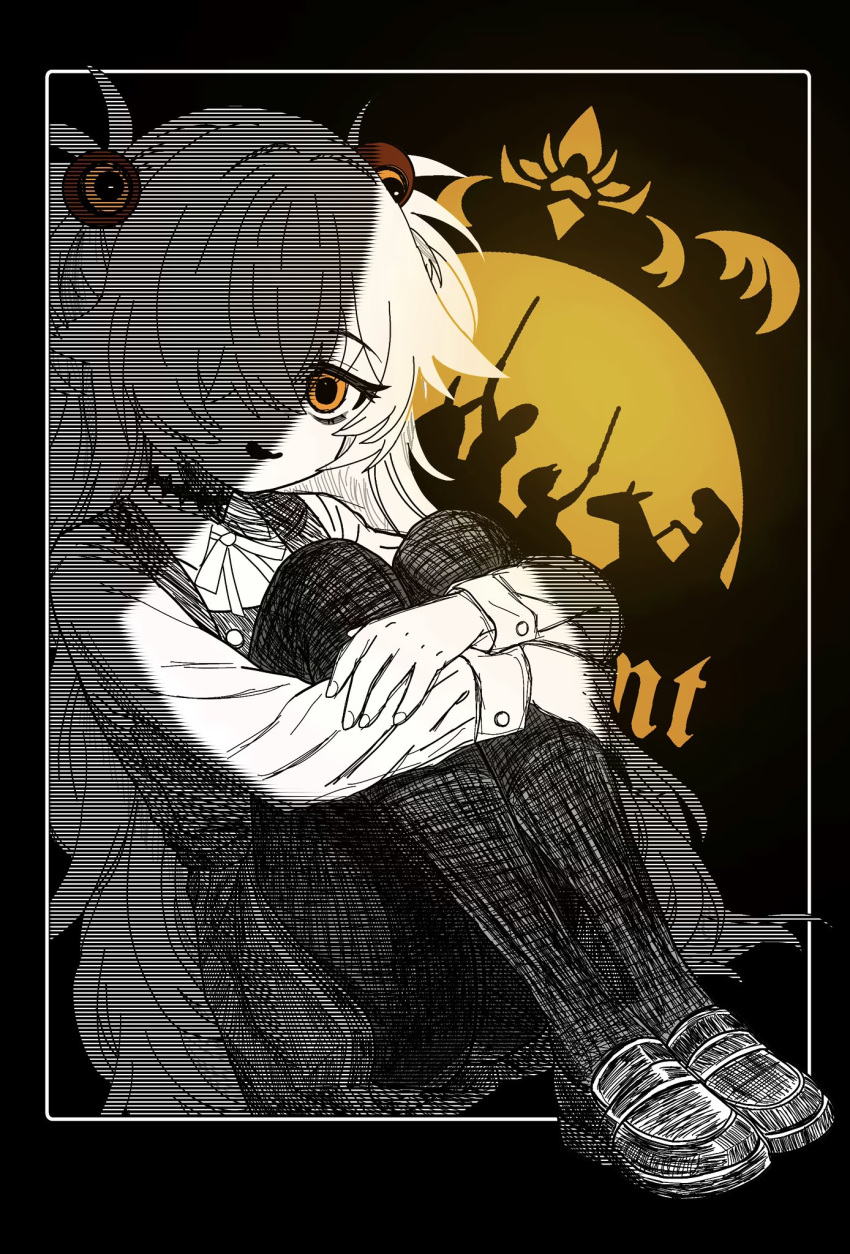 1girl, blue_archive, border, commentary_request, dress, eyeball_hair_ornament, hair_ornament, hair_over_one_eye