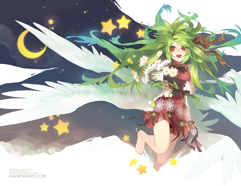 bare_legs, bare_shoulders, barefoot, blush, bow, cloud, dress, flower