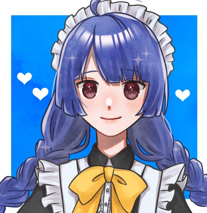 1boy, ahoge, alternate_costume, apron, black_dress, blue_background, blue_eyes, blush, bow, bowtie, braid, closed_mouth, collared_dress, commentary_request, dress, frills, heart, i-chu, iwashi0725, kagurazaka_runa, long_hair, looking_at_viewer, maid_apron, maid_headdress, red_eyes, simple_background, smile, solo, sparkle, trap, twin_braids, upper_body, yellow_bow, yellow_bowtie
