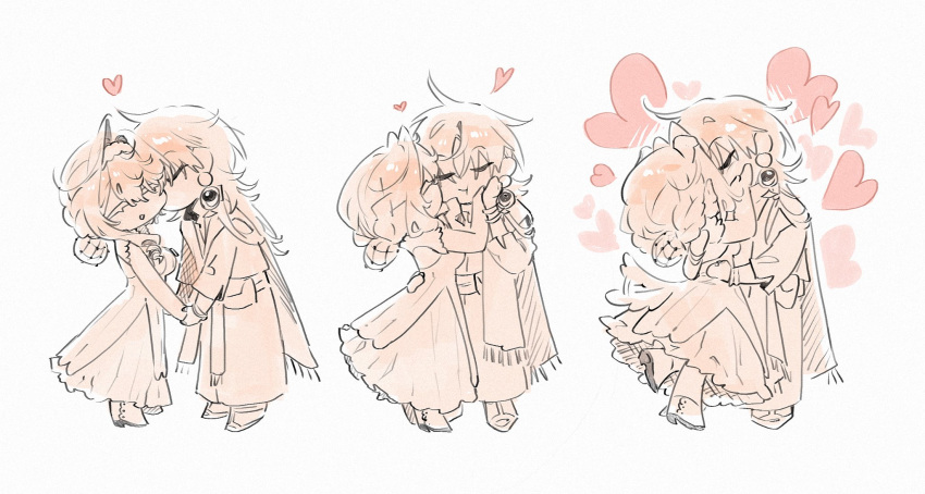 1boy, 1girl, belt, breasts, closed_eyes, coat, couple, deformed, dress, drill_hair, earrings, eyelashes, from_side, full_body, gohagan_(unholymilk), hair_between_eyes, hair_bun, hand_on_another's_face, heart, hetero, highres, holding_hands, hug, jewelry, kiss, kissing_cheek, large_breasts, leg_up, long_hair, long_sleeves, monochrome, multiple_views, original, parted_lips, scarf, shoes, side_drill, simple_background, spot_color, standing, unholymilk, white_background
