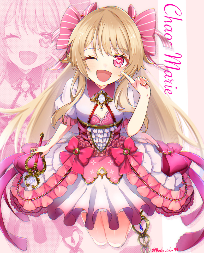 1girl, ;d, blonde_hair, bloomers, boda_uba99, chaos_marie_(grimms_notes), character_name, cleavage_cutout