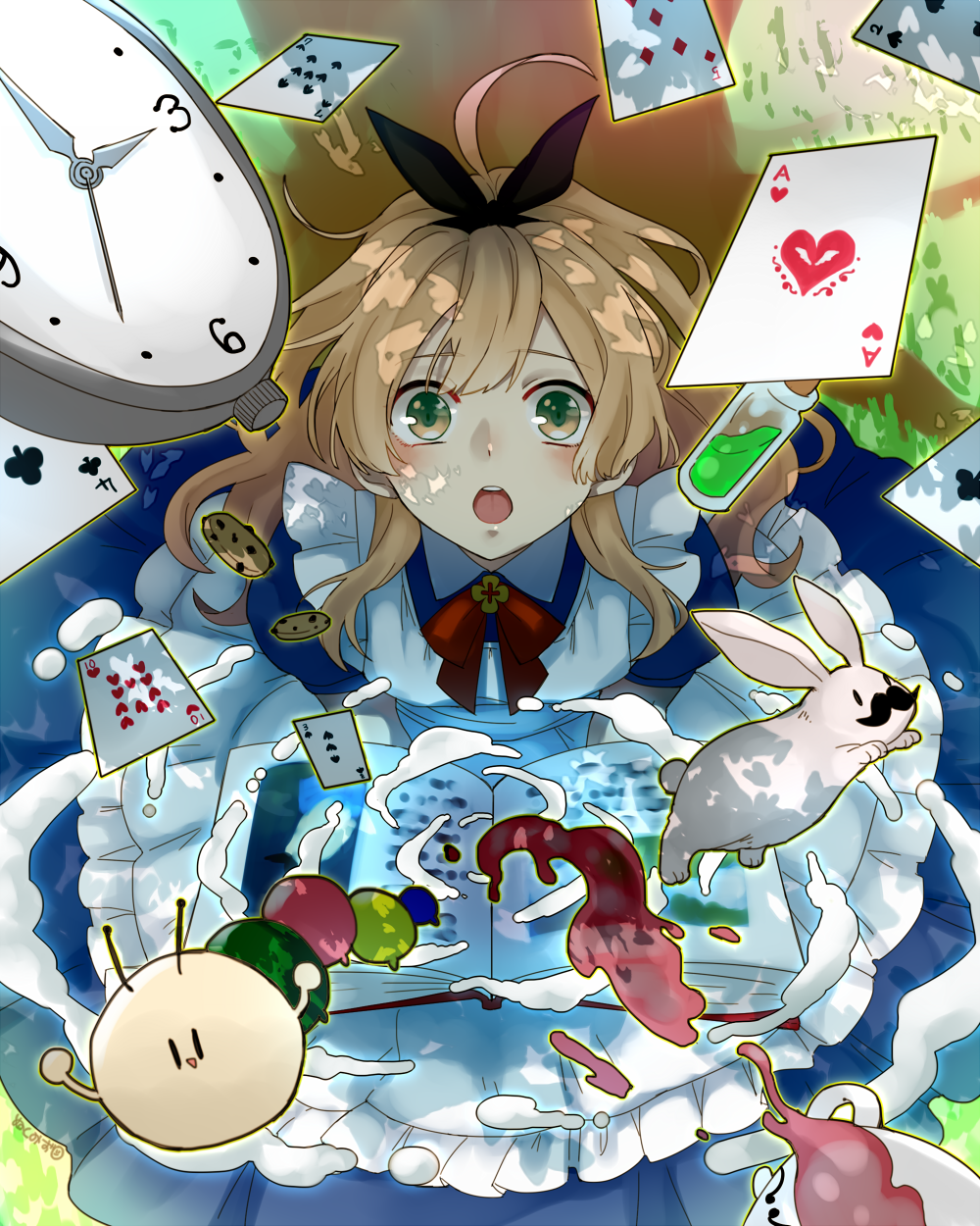 1boy, :o, ace_(playing_card), ahoge, alice's_adventures_in_wonderland, alice_(alice_in_wonderland), alice_(alice_in_wonderland)_(cosplay), black_ribbon, blonde_hair, blush, book, bow, bowtie, card, commentary_request, cookie, cosplay, cup, dress, facial_hair, food, grass, green_eyes, hair_ribbon, highres, i-chu, long_hair, male_focus, mushroom, mustache, nukumizu17, oikawa_momosuke, open_book, open_mouth, playing_card, pocket_watch, red_bow, red_bowtie, ribbon, shade, solo, tea, trap, tree, watch, white_rabbit_(alice_in_wonderland)