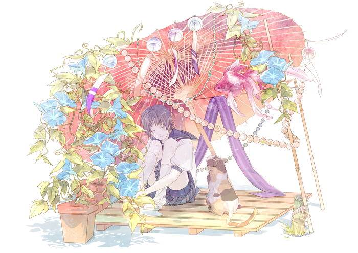 black_hair, cat, closed_eyes, en_(pixiv1642655), eyes_closed, fish, flower, koi