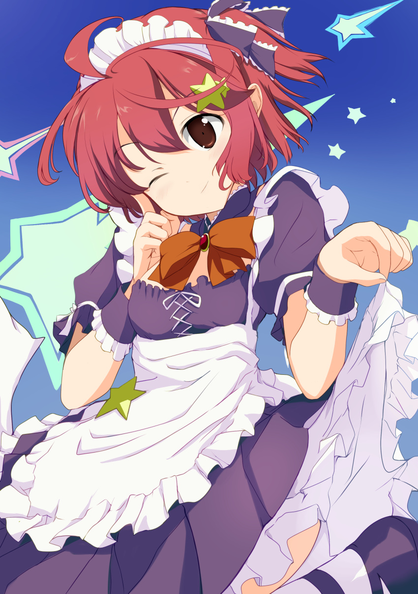 1girl, ;), absurdres, ahoge, aig8654fez, apron, black_dress, black_ribbon