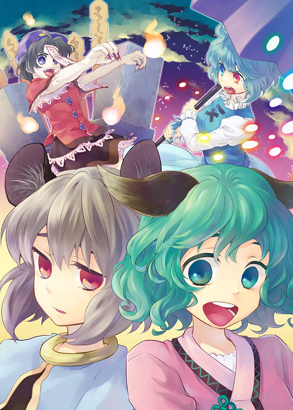 animal_ears, beret, black_hair, blue_eyes, blue_hair, green_eyes, green_hair, grey_hair