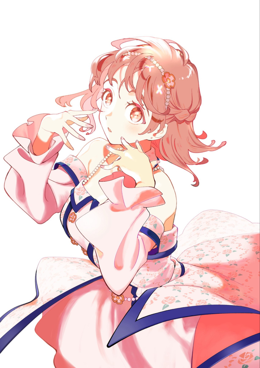 1girl, bare_shoulders, bead_hairband, beads, braid, breasts, brown_eyes, brown_hair