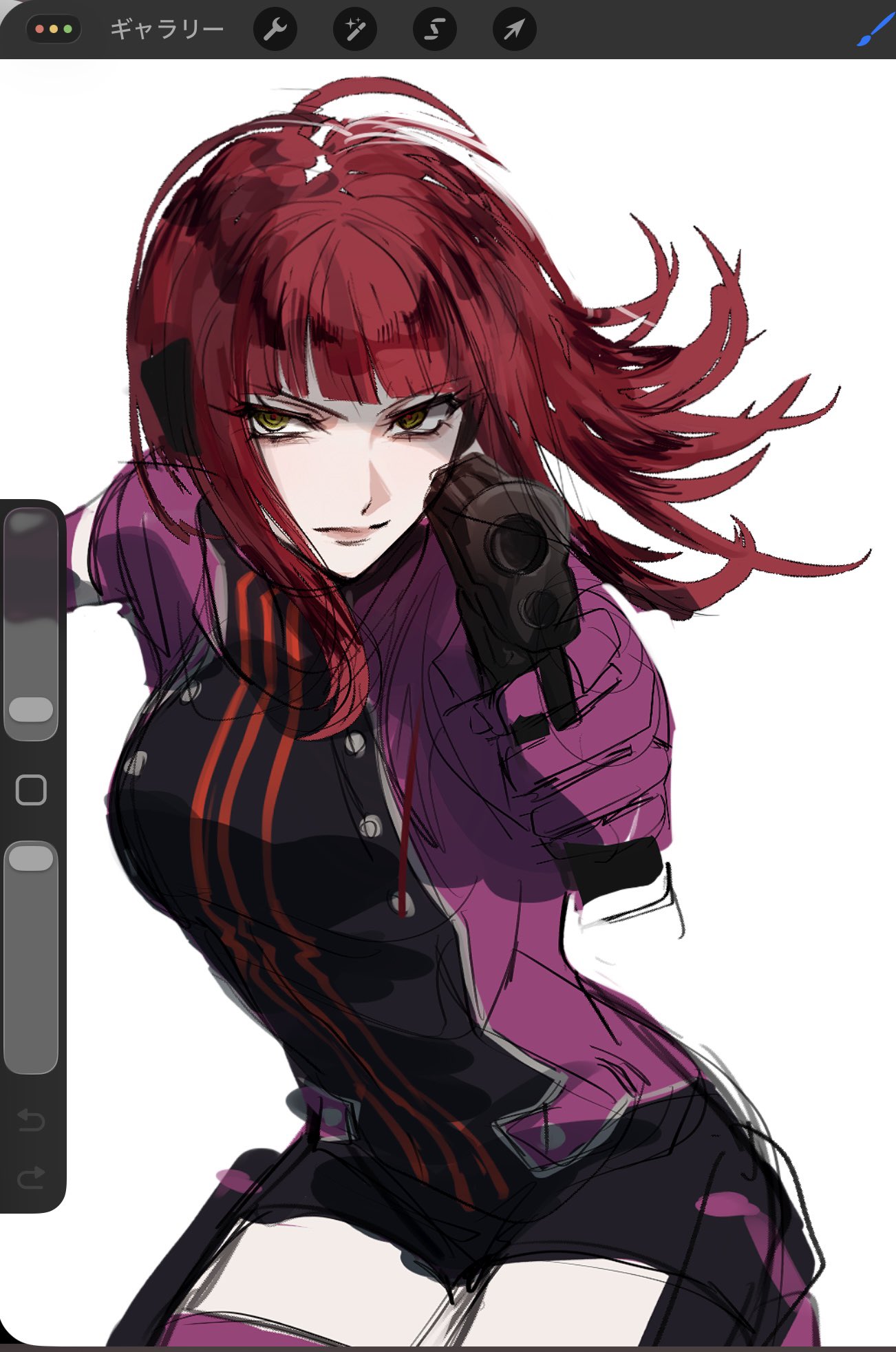 1girl, aiming, aiming_at_viewer, art_program_in_frame, breasts, closed_mouth, elbow_gloves, floating_hair