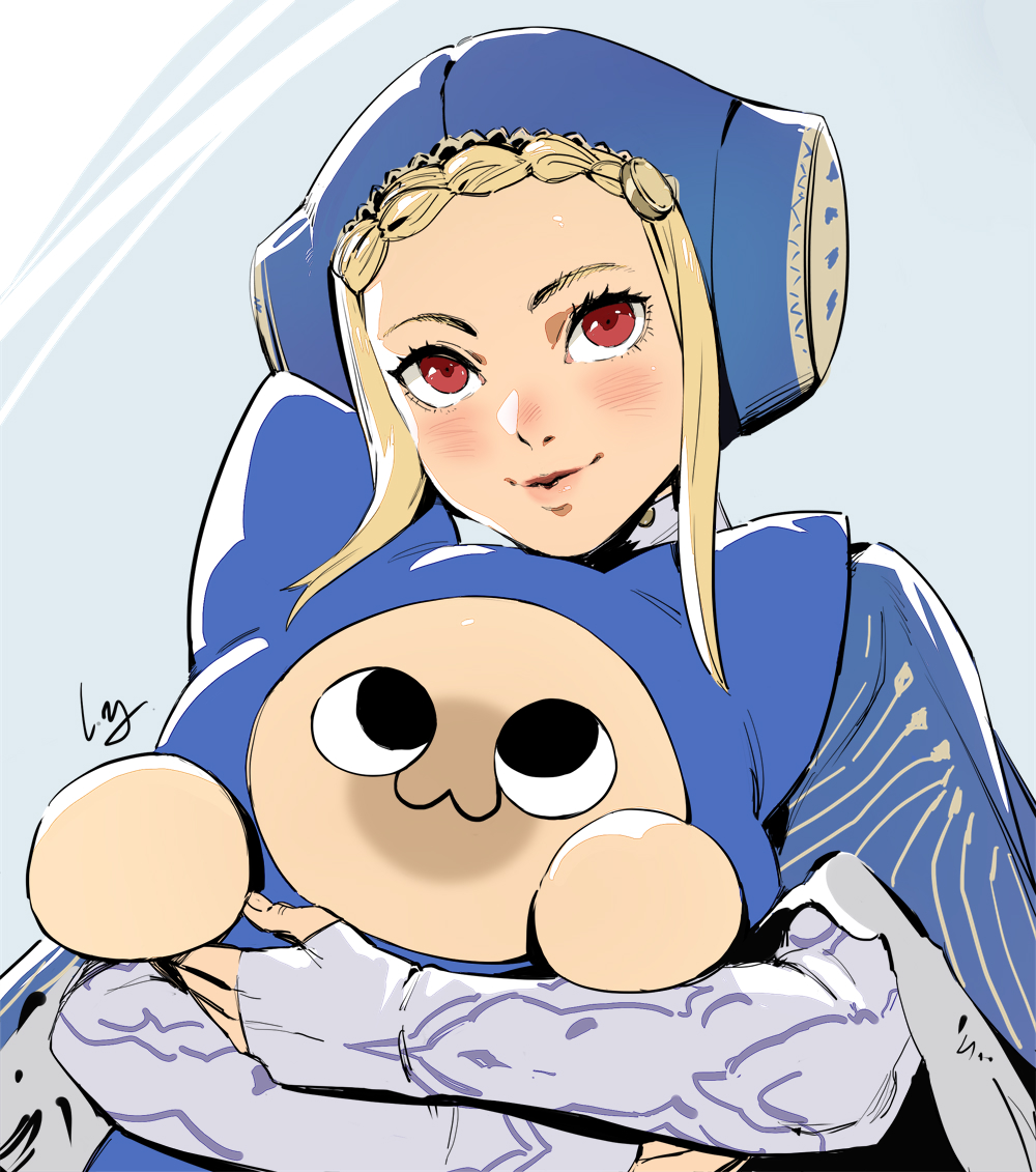 1girl, blonde_hair, blue_hat, closed_mouth, club3, escoffion, hat, ingrid_(capcom)
