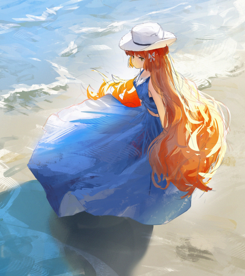 1girl, absurdres, beach, belt, blue_dress, bow, closed_mouth, commentary