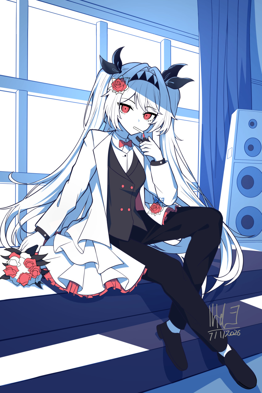 1girl, absurdres, black_pants, black_vest, bouquet, bow, bowtie, cigarette