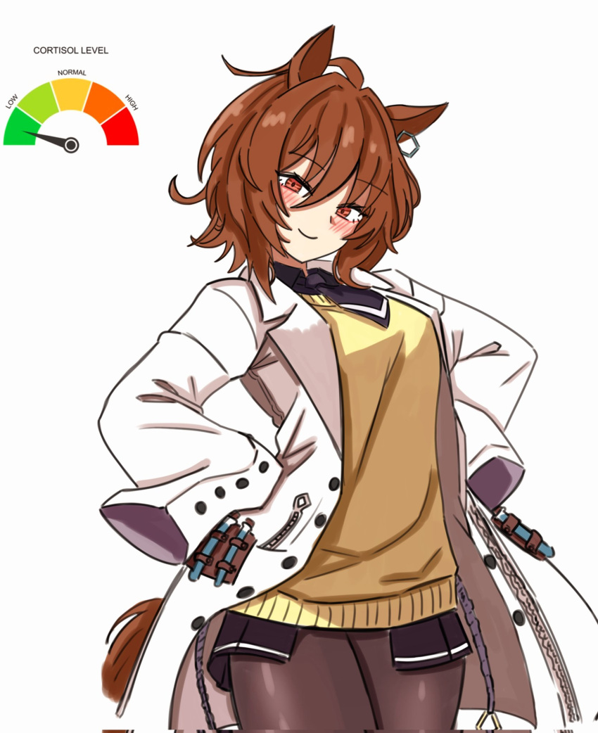 1girl, agnes_tachyon_(tach-nology)_(umamusume), agnes_tachyon_(umamusume), ahoge, animal_ears, black_necktie, black_pantyhose, black_shirt