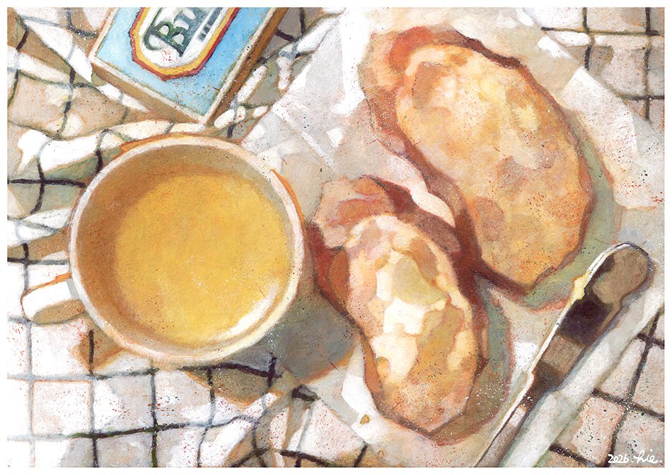 bread, bread_slice, butter, butter_knife, cup, food, food_focus, grid_print