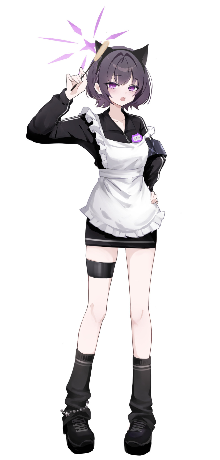 1girl, absurdres, animal_ear_hairband, animal_ears, apron, armband, black_jacket, black_shoes