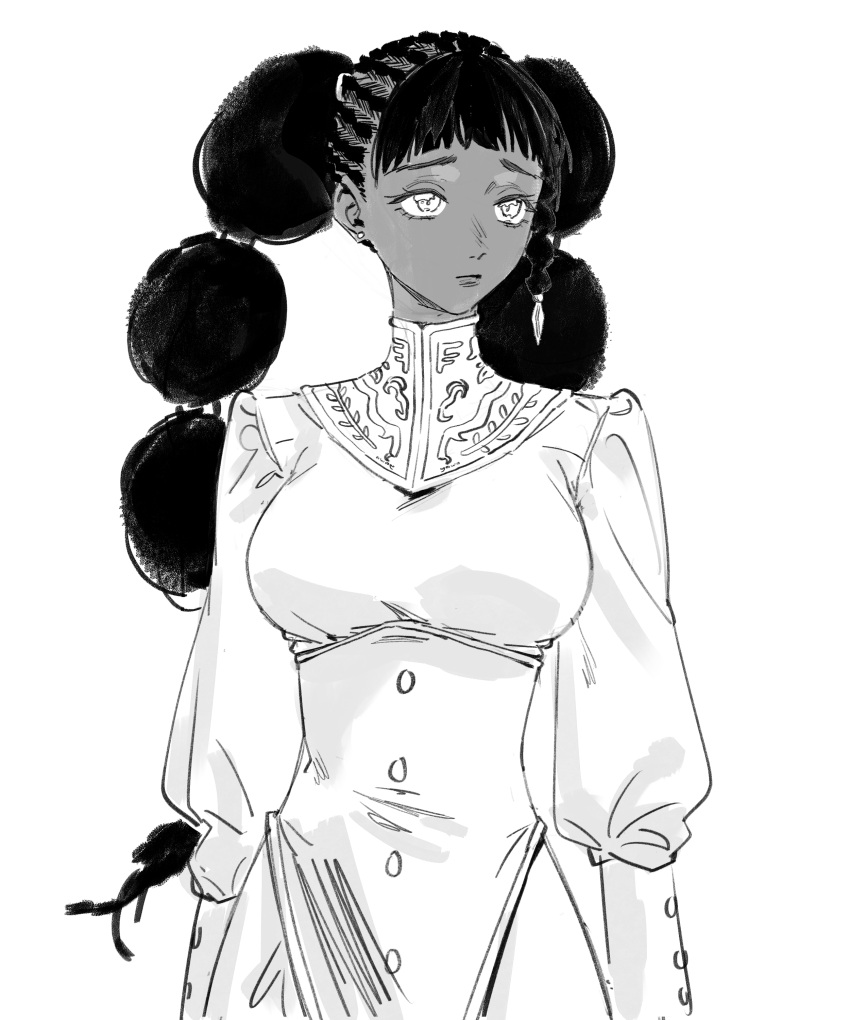 1girl, absurdres, afro_puffs, braid, commentary, dark-skinned_female, dark_skin, desscaras