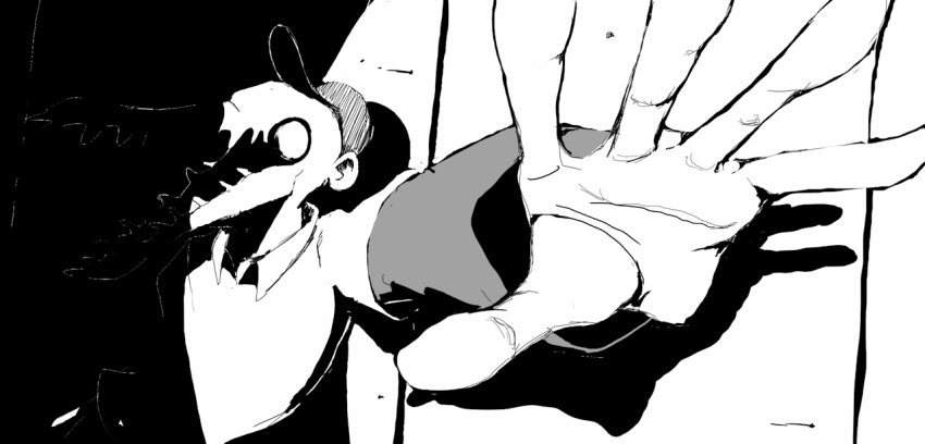 1boy, aiming, aiming_at_viewer, animated, animated_gif, bad_batter, bad_id, bad_tumblr_id, baseball_bat, baseball_cap, commentary, facing_viewer, greyscale, hat, high_contrast, holding, holding_baseball_bat, male_focus, mmad-sm, monochrome, o_o, off_(game), open_mouth, solo, the_batter_(off), upper_body