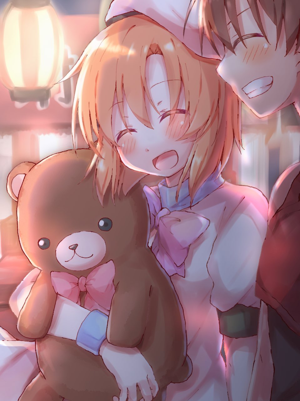 1boy, 1girl, blue_wrist_cuffs, blush, bow, bowtie, brown_hair, commentary_request
