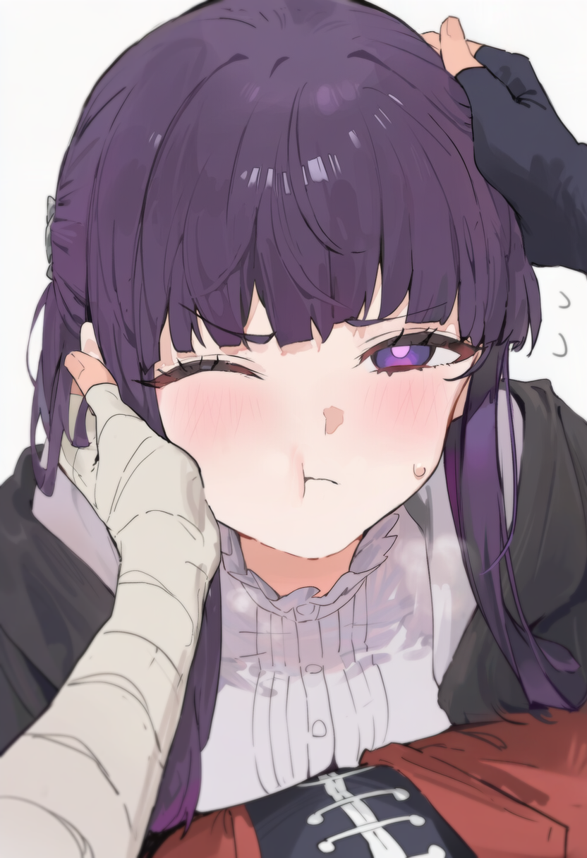 1boy, 1girl, :t, asymmetrical_gloves, black_robe, blunt_bangs, eyelashes, fern_(sousou_no_frieren)