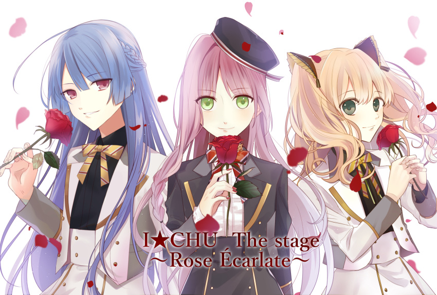 3boys, black_jacket, black_shirt, blonde_hair, blue_hair, bow, bowtie, braid