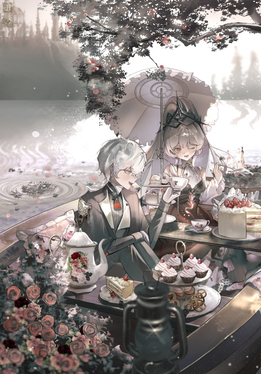 1boy, 1girl, bare_shoulders, black_pants, boat, breasts, cake, cake_slice