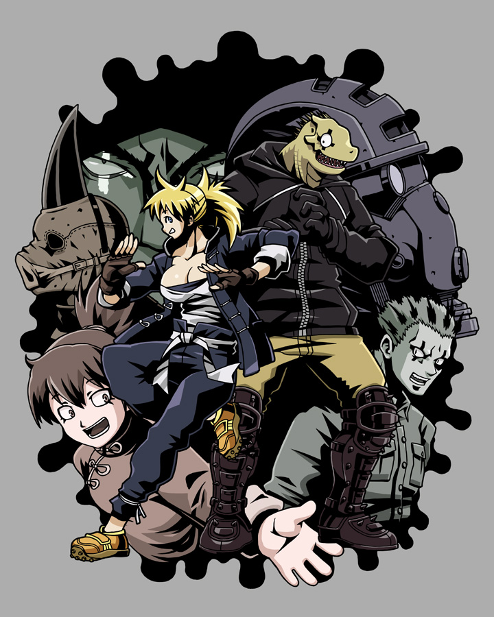 blonde_hair, blue_eyes, caiman, dorohedoro, fingerless_gloves, gloves, k_kumahachi, kawajiri, mask, nikaido, risu_(dorohedoro), simple_background, yakumo_(dorohedoro)