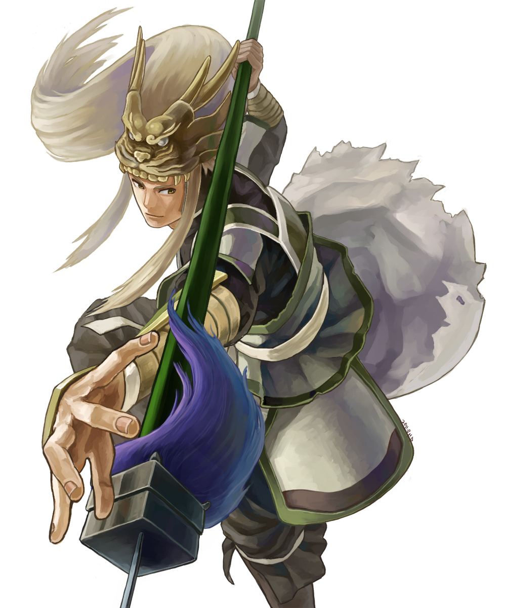 1boy, armor, blonde_hair, dynasty_warriors, foreshortening, hands, helm, helmet