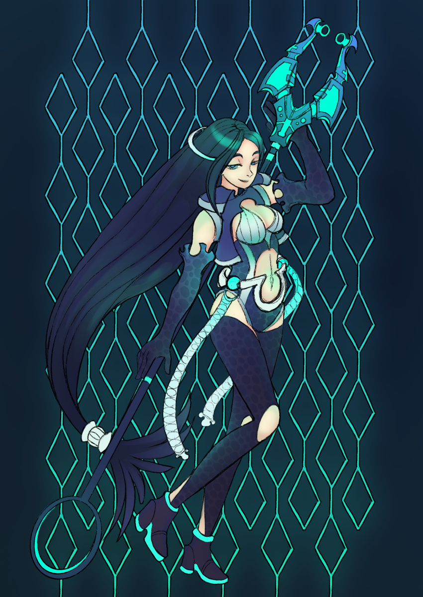 1girl, abstract_background, absurdres, alternate_costume, ankle_boots, aqua_boots, black_boots, black_hair, blue_background, blue_eyes, blue_gloves, boots, breasts, check_clothing, clothing_request, commentary, commission, detached_sleeves, elbow_gloves, english_commentary, full_body, gloves, glowing, glowing_weapon, hair_tubes, harpoon, high_heel_boots, high_heels, highres, holding, holding_behind_back, holding_polearm, holding_polearm_behind_back, holding_weapon, holding_weapon_behind_back, id_jkinaru, large_breasts, leg_up, long_hair, looking_at_viewer, midriff, multicolored_boots, navel, parted_bangs, parted_lips, pink_lips, polearm, protected_link, sadina_(tate_no_yuusha_no_nariagari), second-party_source, shirt, single_hair_tube, sleeveless, sleeveless_shirt, smile, solo, standing, standing_on_one_leg, tail-shaped_hair, tate_no_yuusha_no_nariagari, two-tone_boots, very_long_hair, weapon, white_loincloth