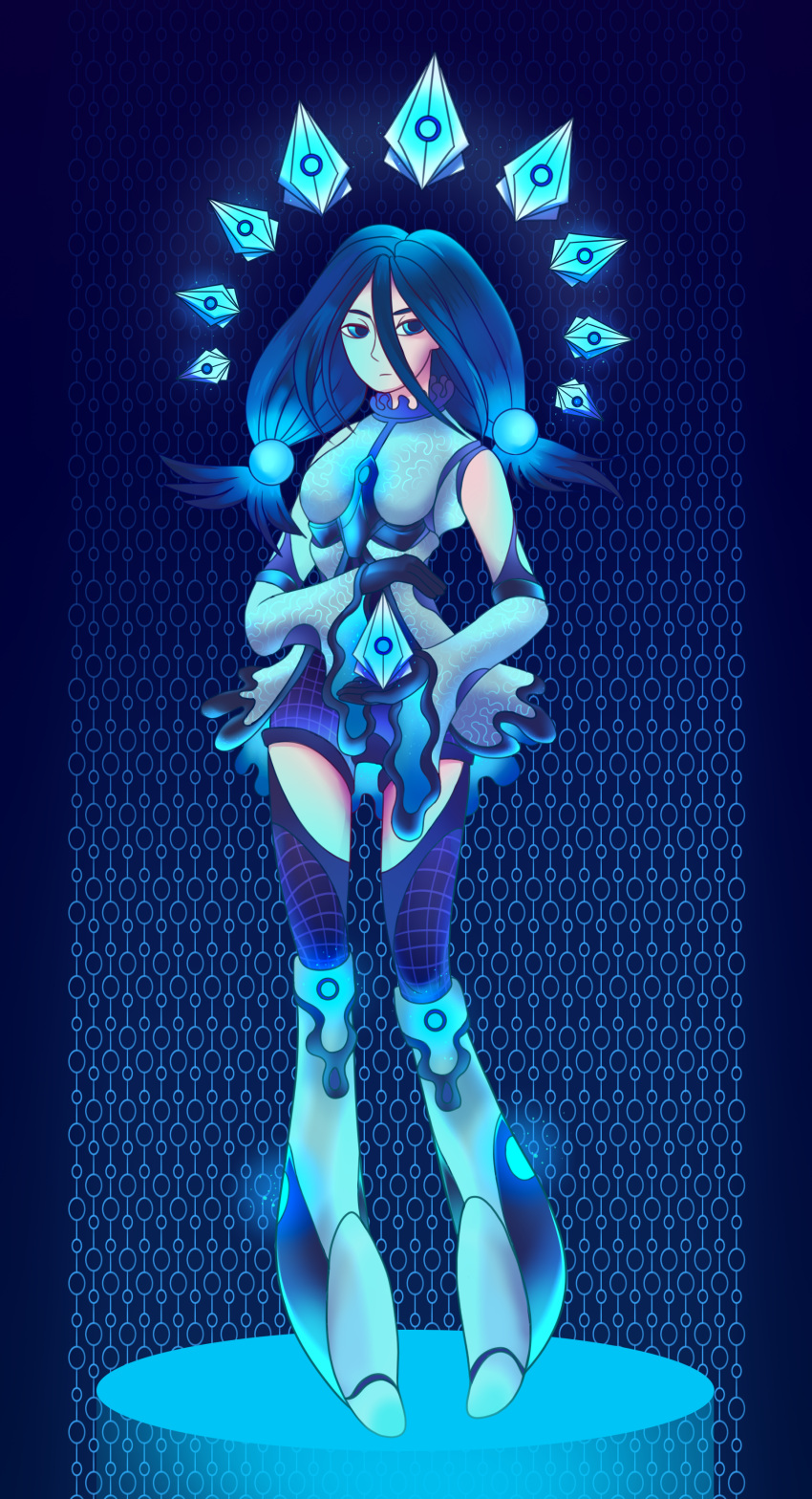 1girl, abstract_background, absurdres, armored_boots, bare_shoulders, black_boots, black_trim, blue_background