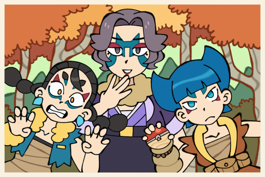 3girls, autumn_leaves, billspooks, black_hair, blue_hair, blue_jacket, brown_jacket, charm_(pokemon)