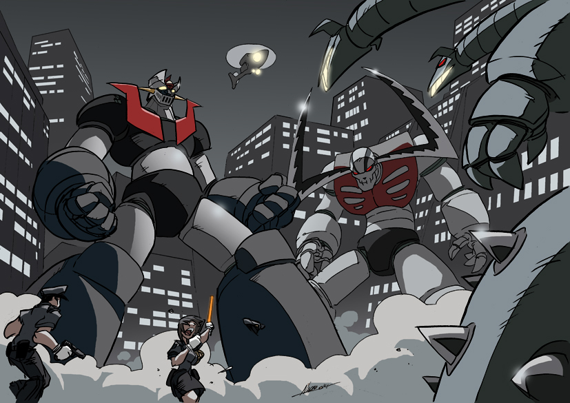 1boy, 1girl, aircraft, armor, battle, black_armor, blade_horns, building