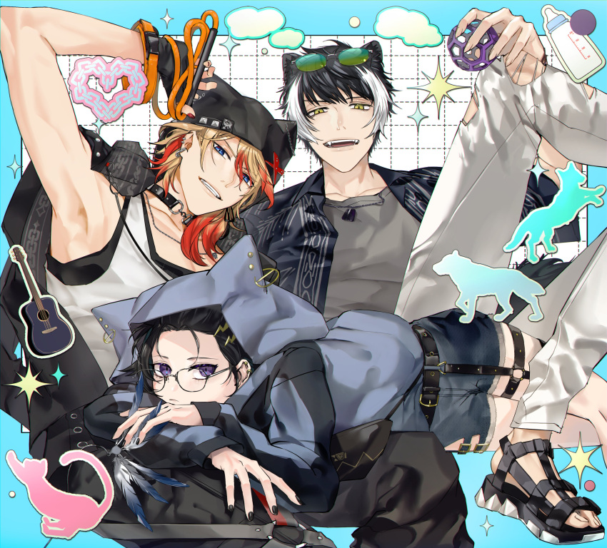 3boys, absurdres, animal_ears, animal_hat, armpits, axel_syrios, axel_syrios_(2nd_costume), baby_bottle