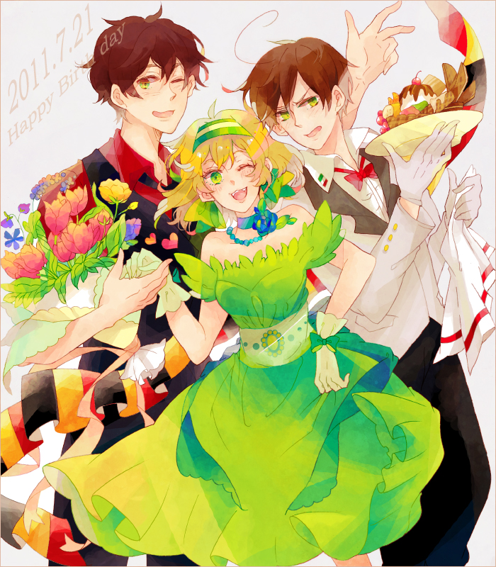 :3, ahoge, arm_up, axis_powers_hetalia, banner, bare_shoulders, belgium_(hetalia), birthday