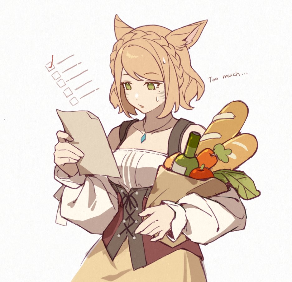 1girl, 9yuki, animal_ears, bag, baguette, blonde_hair, bottle, bread