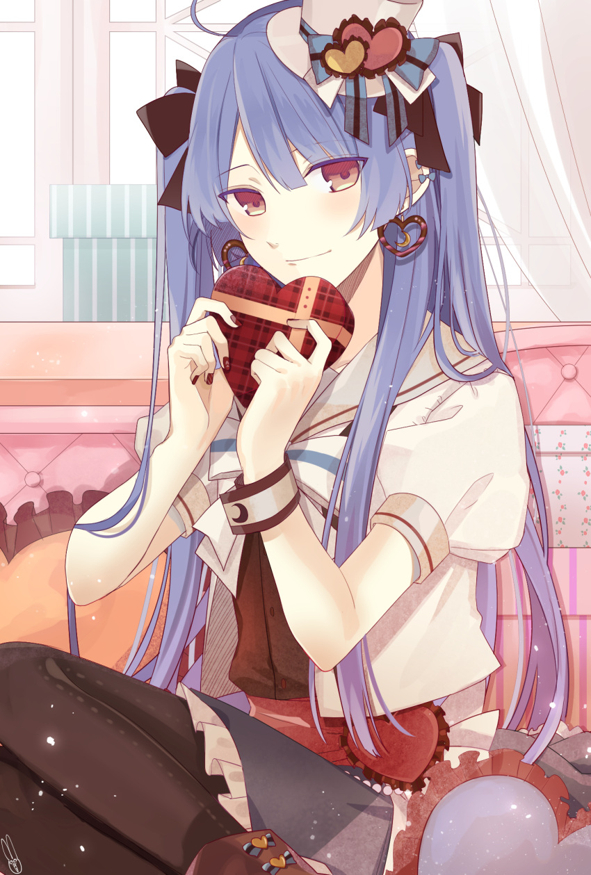 1boy, ahoge, bed, black_pantyhose, black_ribbon, black_skirt, blue_hair, blush