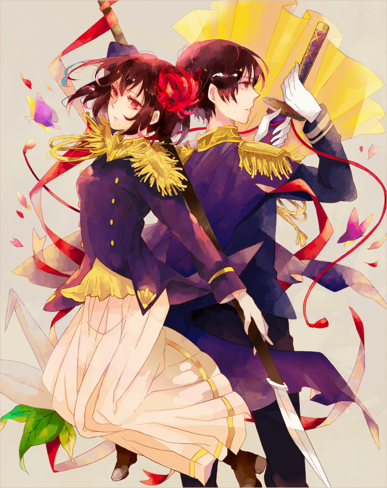 back-to-back, black_hair, brown_eyes, dual_persona, flower, genderswap, hair_flower, hair_ornament