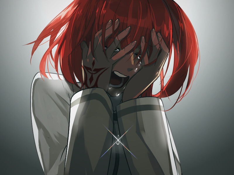 1girl, breasts, chaldea_master_uniform, closed_eyes, command_spell, commentary_request, crying, fate/grand_order